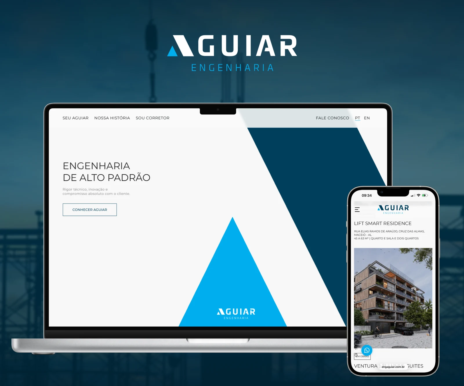 Website da Aguiar Engenharia apresentado em notebook e celular