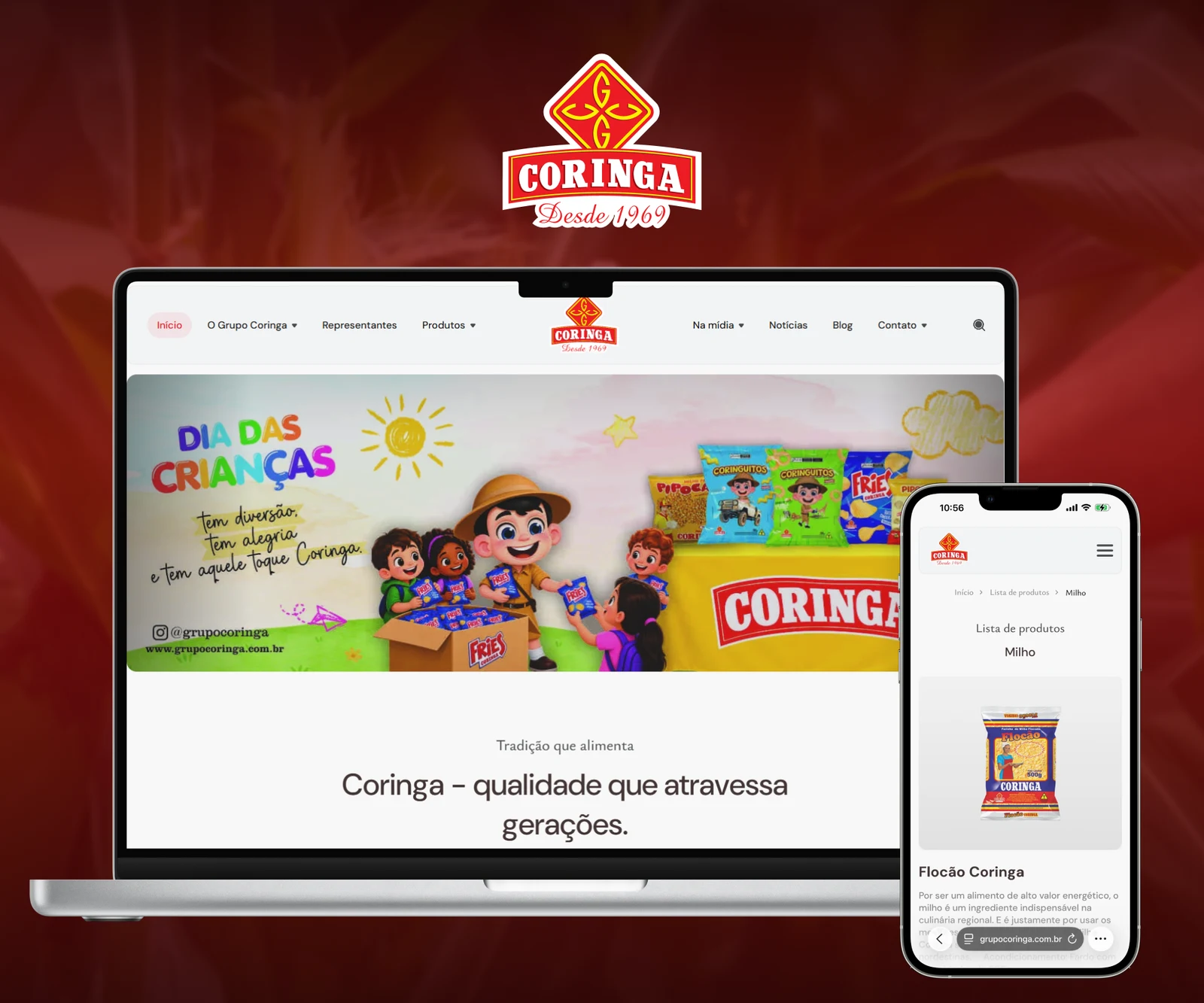 Website do Grupo Coringa apresentado em notebook e celular